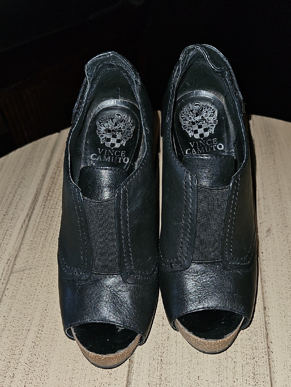 Vince Camuto Black Peep-Toe Leather Wedge Booties